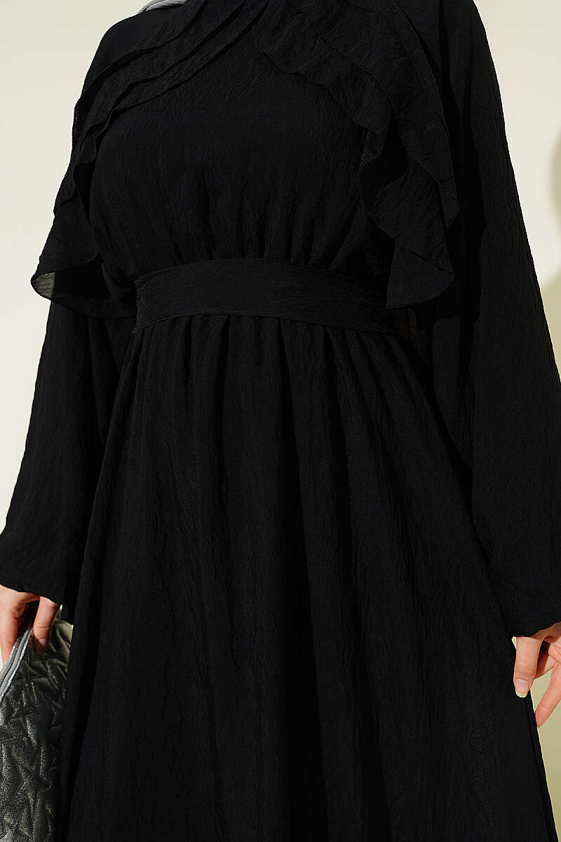 Belted Ruffle Dress with Elastic Waist - Black