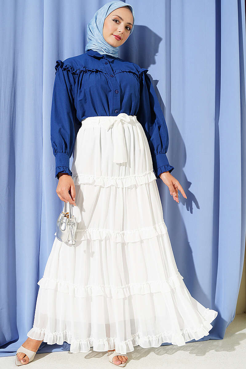 Chiffon Skirt with Sash and Elastic Waist - Ecru