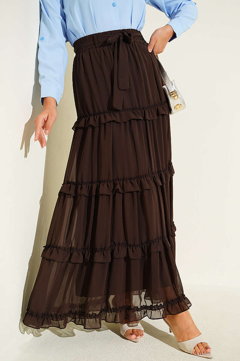 Chiffon Skirt with Sash and Elastic Waist - Brown