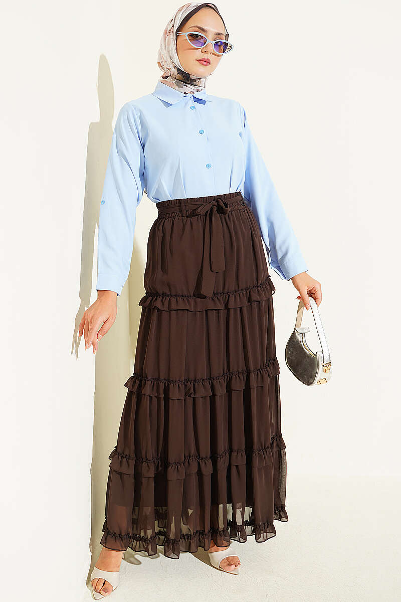 Chiffon Skirt with Sash and Elastic Waist - Brown