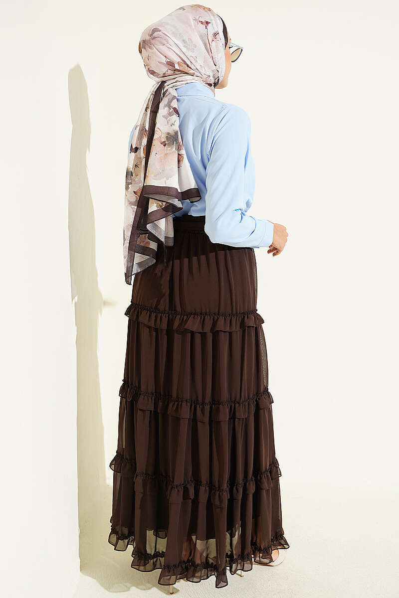 Chiffon Skirt with Sash and Elastic Waist - Brown