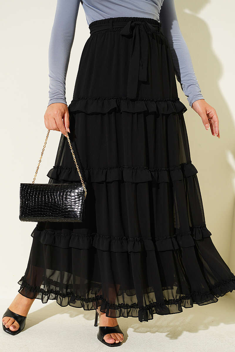 Chiffon Skirt with Sash and Elastic Waist - Black