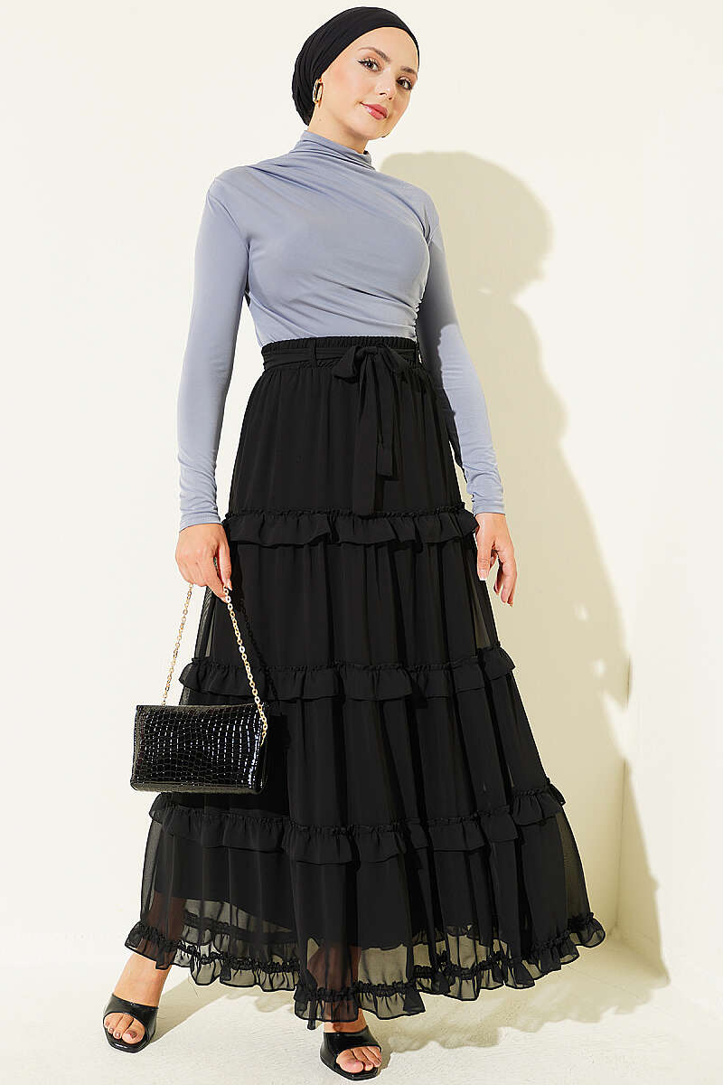 Chiffon Skirt with Sash and Elastic Waist - Black