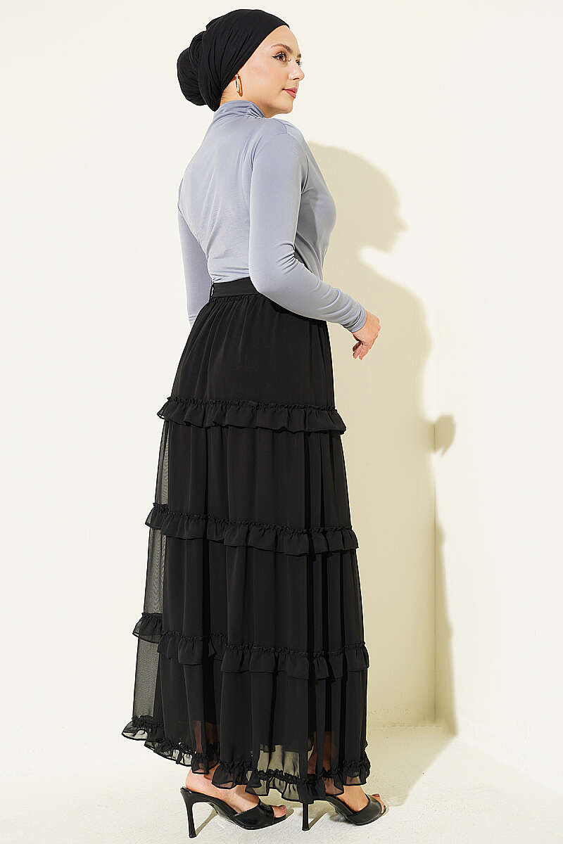 Chiffon Skirt with Sash and Elastic Waist - Black