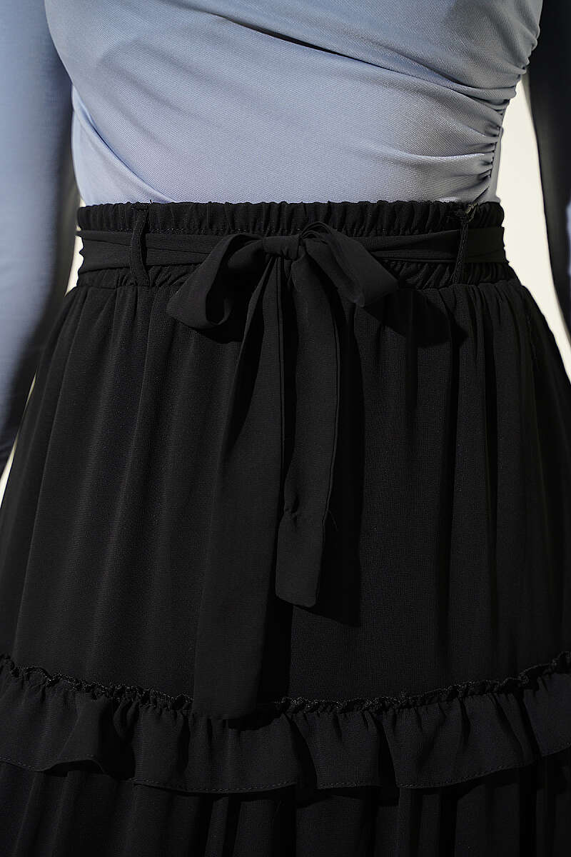 Chiffon Skirt with Sash and Elastic Waist - Black