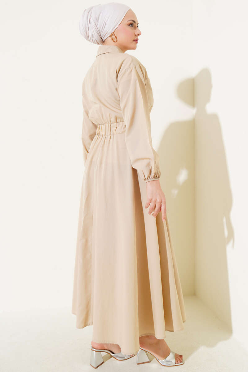 Metal-Button Dress with Elastic Waist - Beige