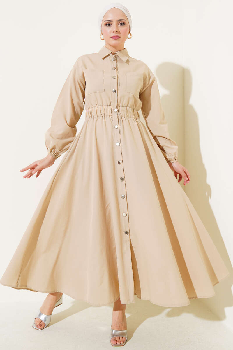 Metal-Button Dress with Elastic Waist - Beige
