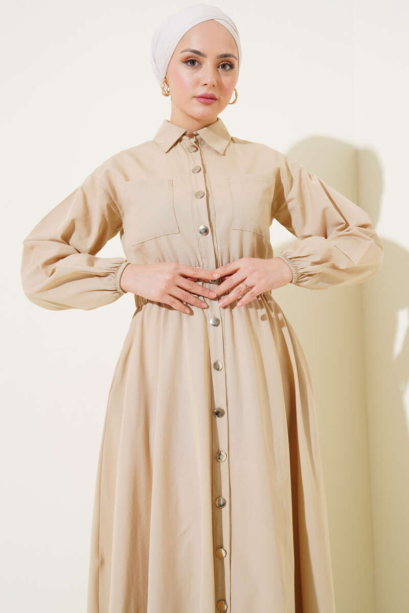 Metal-Button Dress with Elastic Waist - Beige
