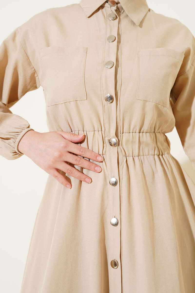 Metal-Button Dress with Elastic Waist - Beige