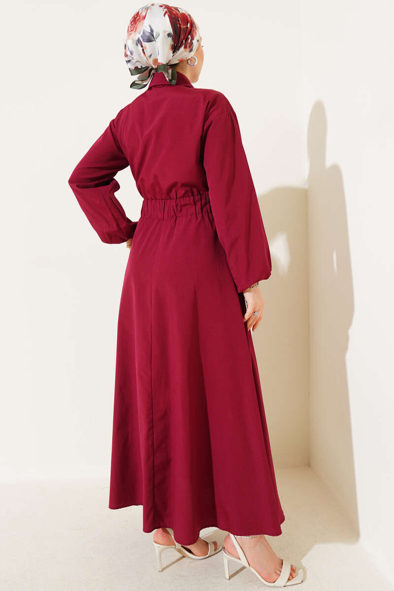 Metal-Button Dress with Elastic Waist - Burgundy