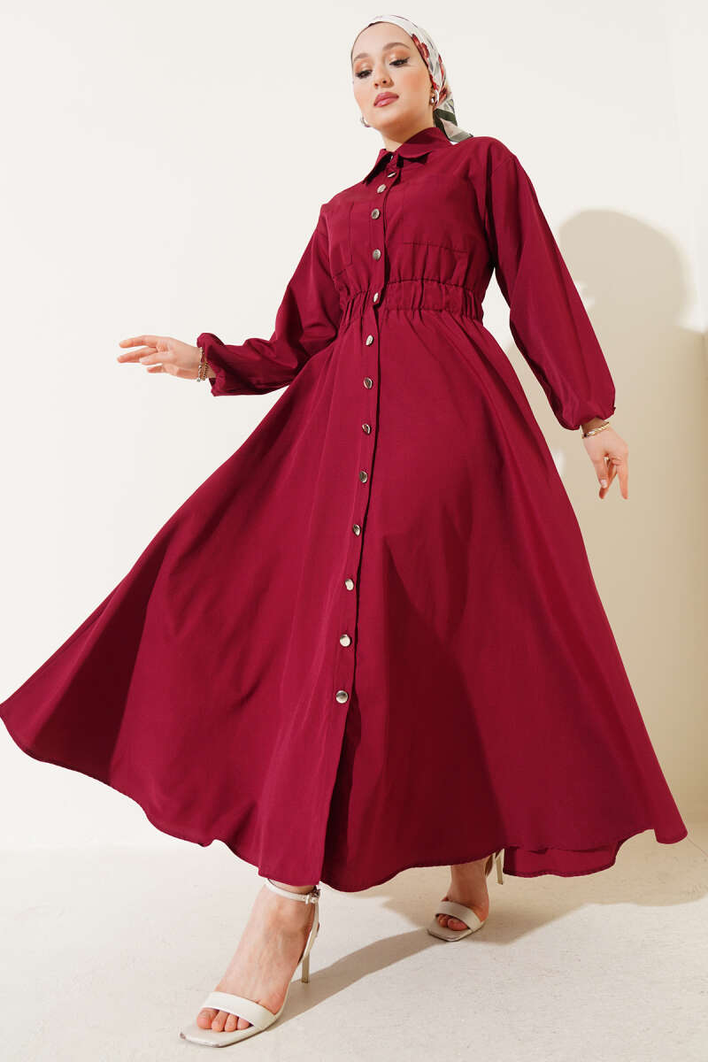 Metal-Button Dress with Elastic Waist - Burgundy