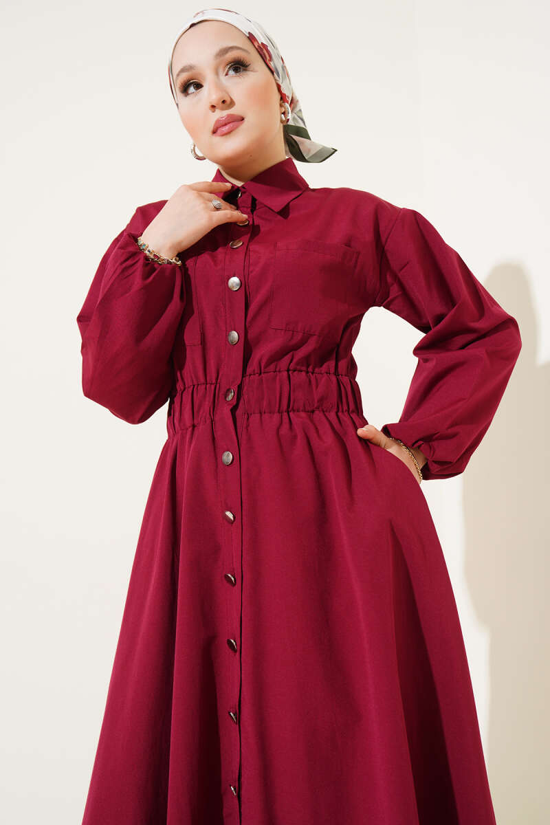 Metal-Button Dress with Elastic Waist - Burgundy