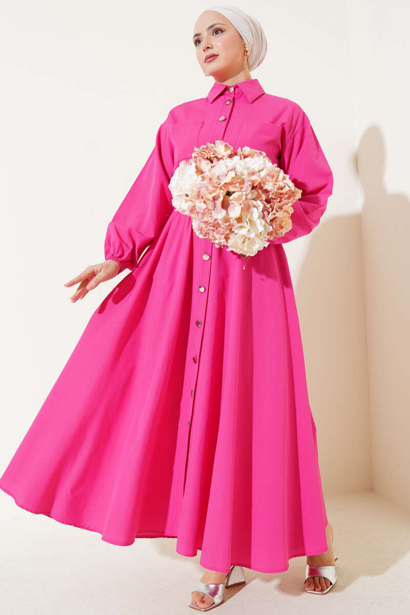 Metal-Button Dress with Elastic Waist - Fuchsia