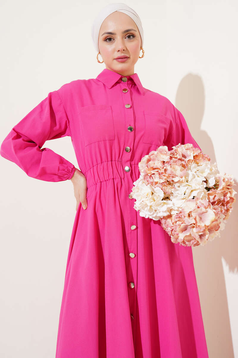 Metal-Button Dress with Elastic Waist - Fuchsia