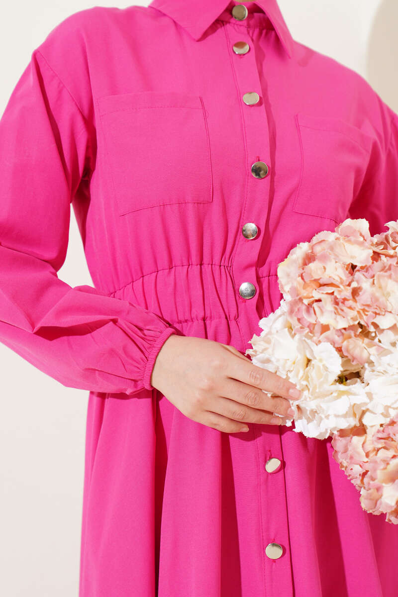 Metal-Button Dress with Elastic Waist - Fuchsia