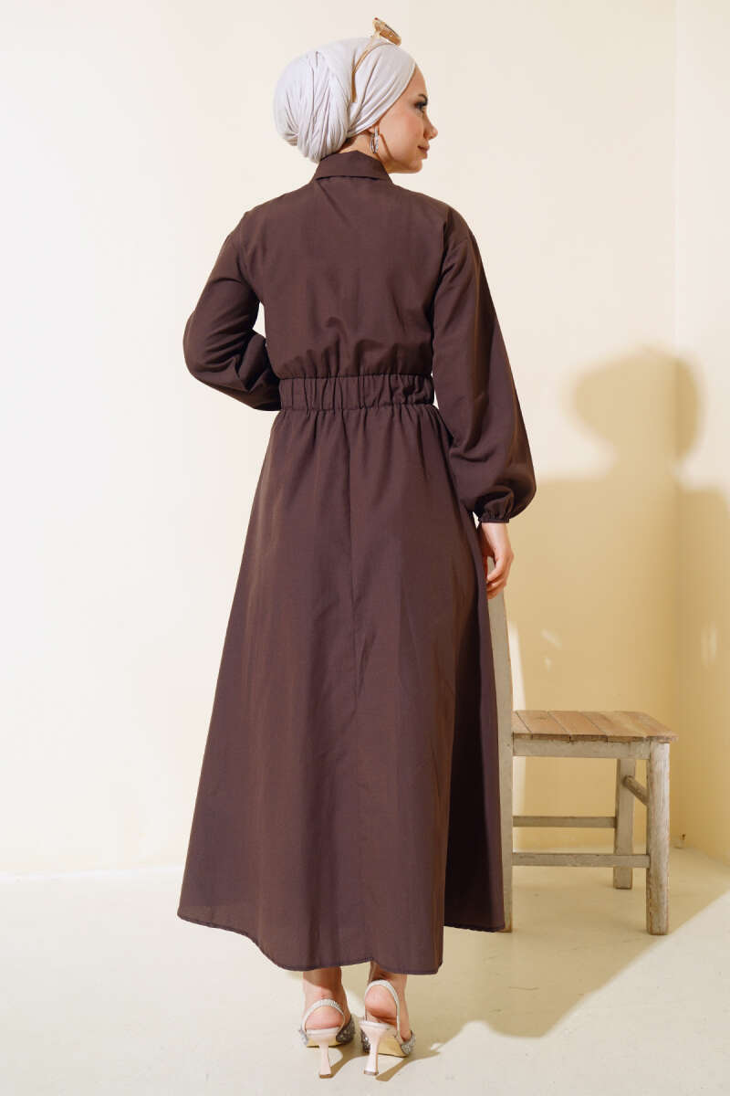 Metal-Button Dress with Elastic Waist - Brown
