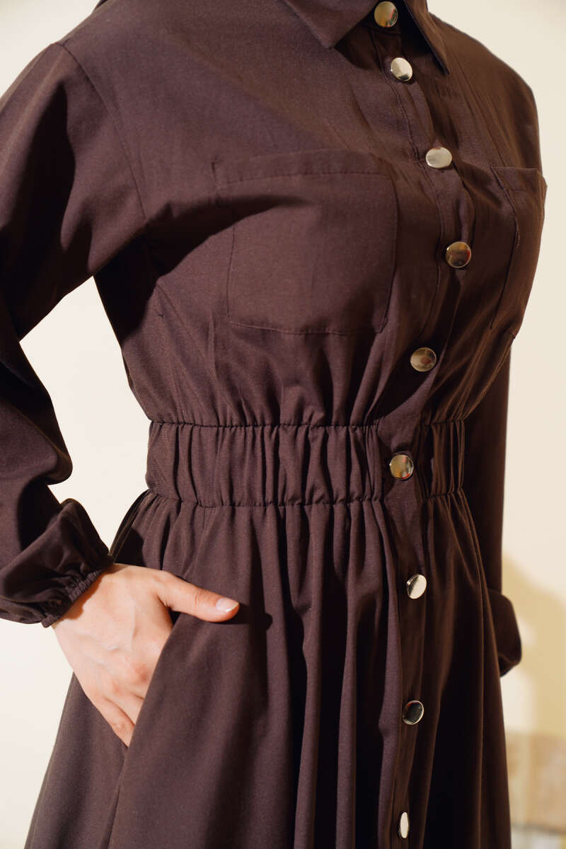 Metal-Button Dress with Elastic Waist - Brown
