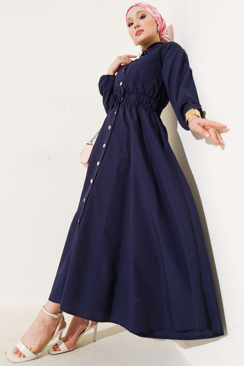 Metal-Button Dress with Elastic Waist - Navy