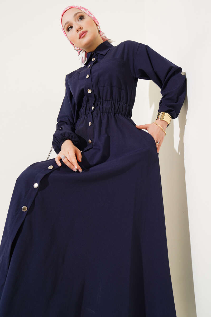 Metal-Button Dress with Elastic Waist - Navy