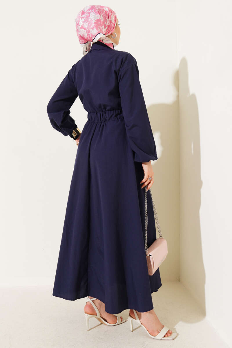 Metal-Button Dress with Elastic Waist - Navy