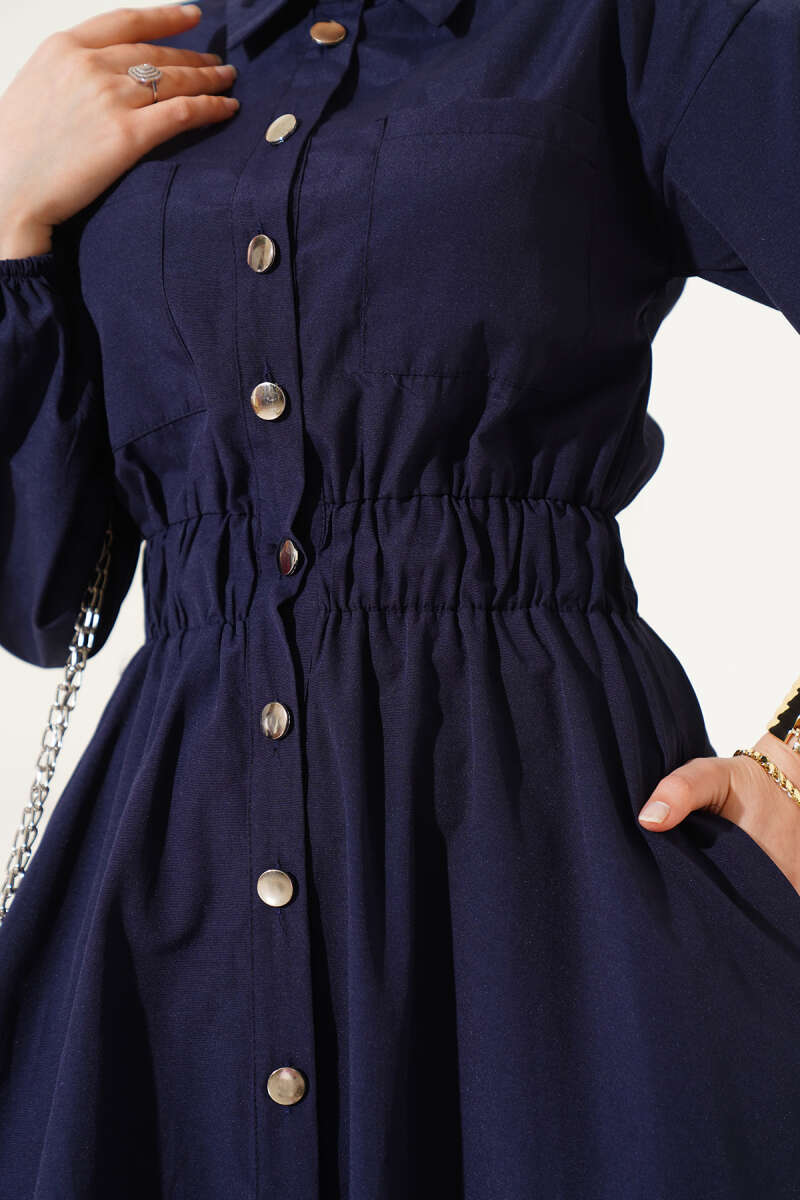 Metal-Button Dress with Elastic Waist - Navy