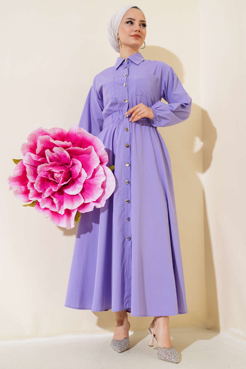 Metal-Button Dress with Elastic Waist - Lilac