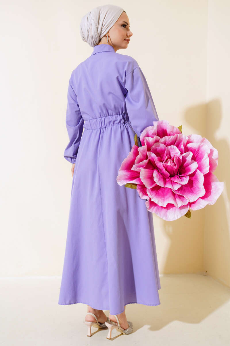 Metal-Button Dress with Elastic Waist - Lilac