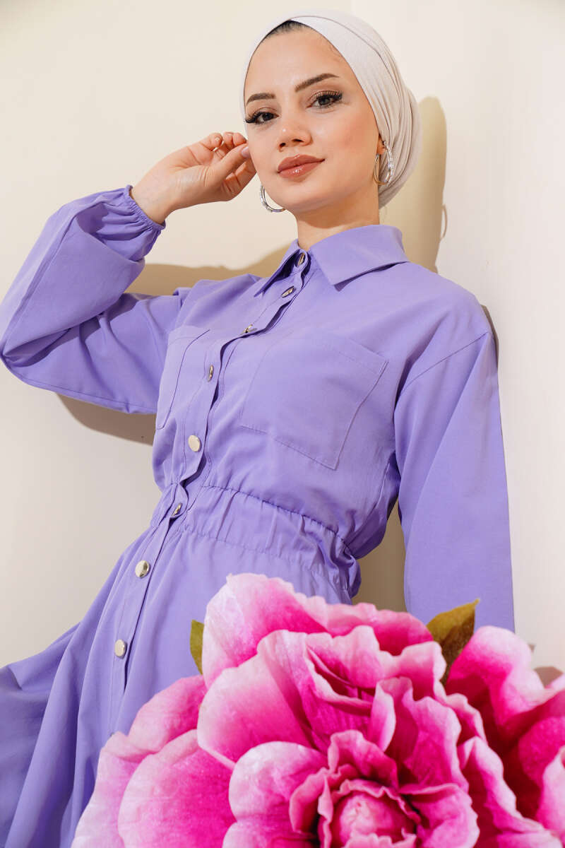 Metal-Button Dress with Elastic Waist - Lilac