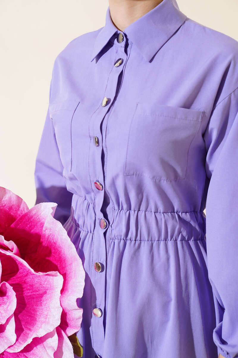 Metal-Button Dress with Elastic Waist - Lilac