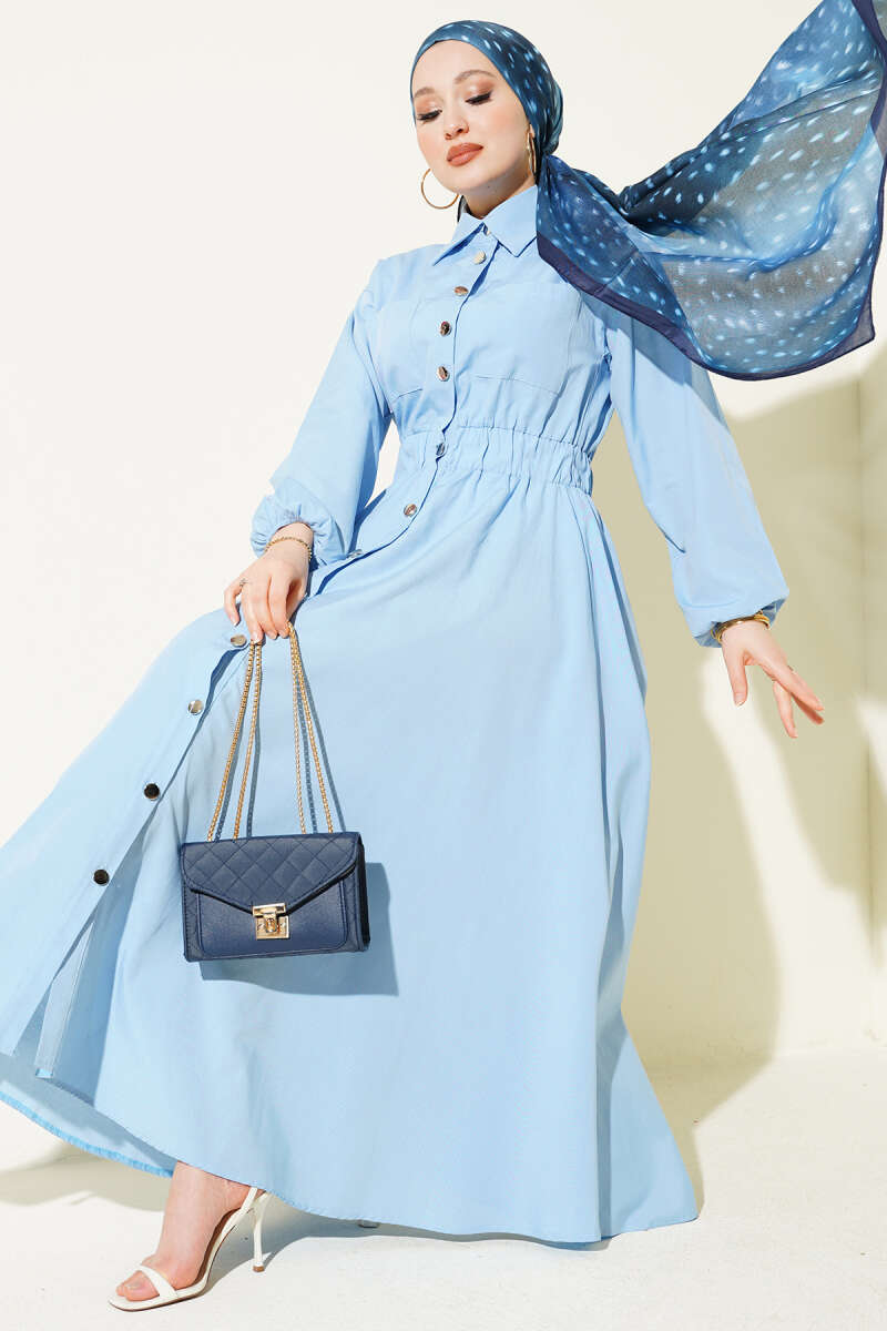 Metal-Button Dress with Elastic Waist - Blue