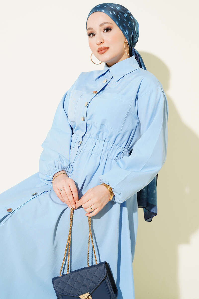 Metal-Button Dress with Elastic Waist - Blue