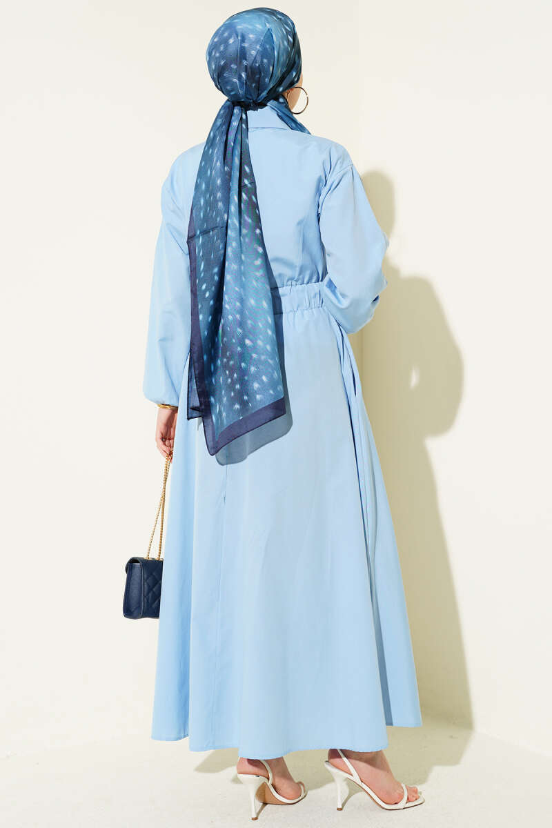 Metal-Button Dress with Elastic Waist - Blue