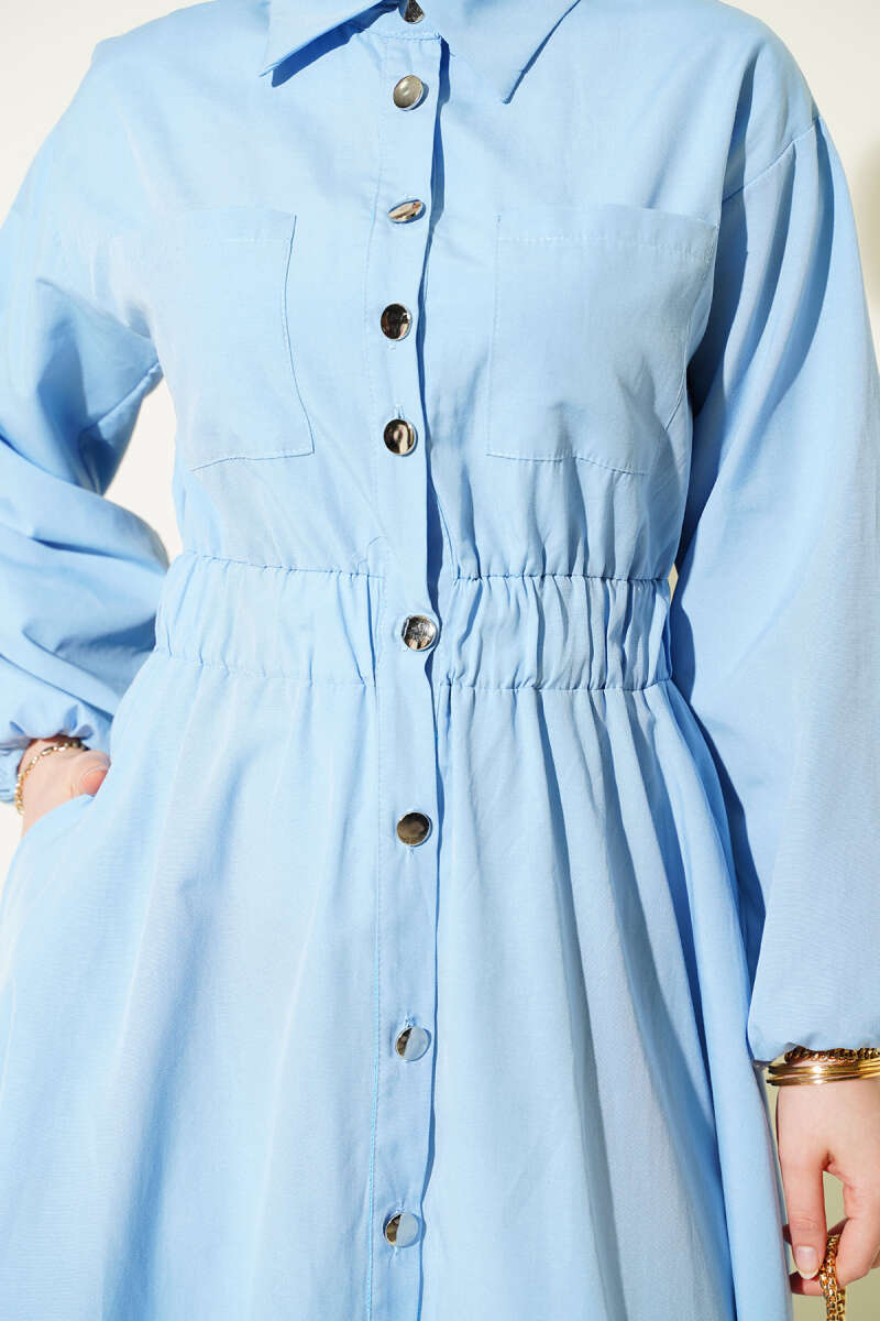 Metal-Button Dress with Elastic Waist - Blue