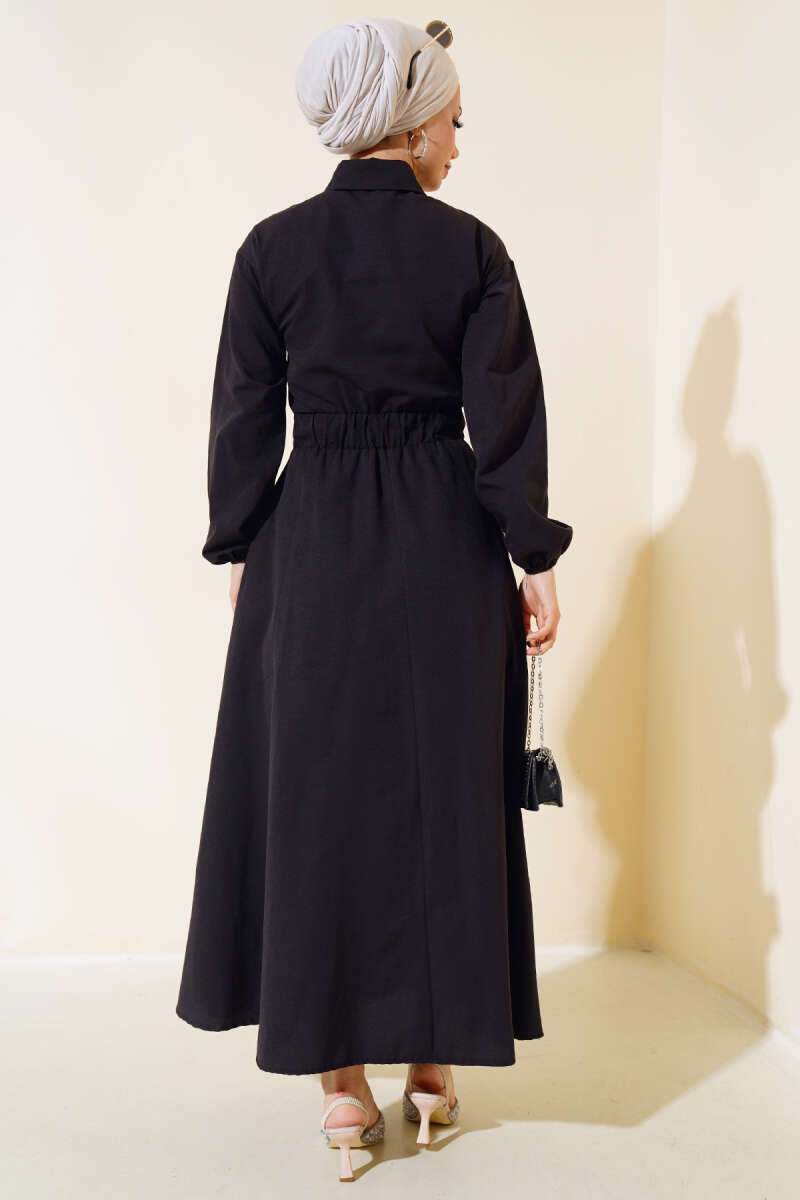 Metal-Button Dress with Elastic Waist - Black