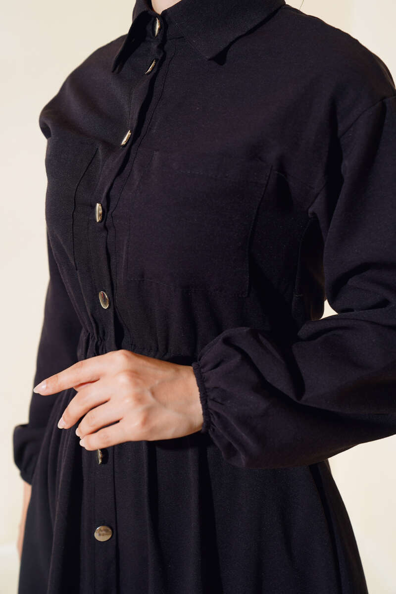 Metal-Button Dress with Elastic Waist - Black