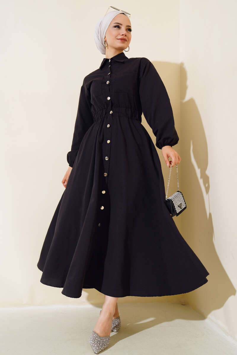 Metal-Button Dress with Elastic Waist - Black