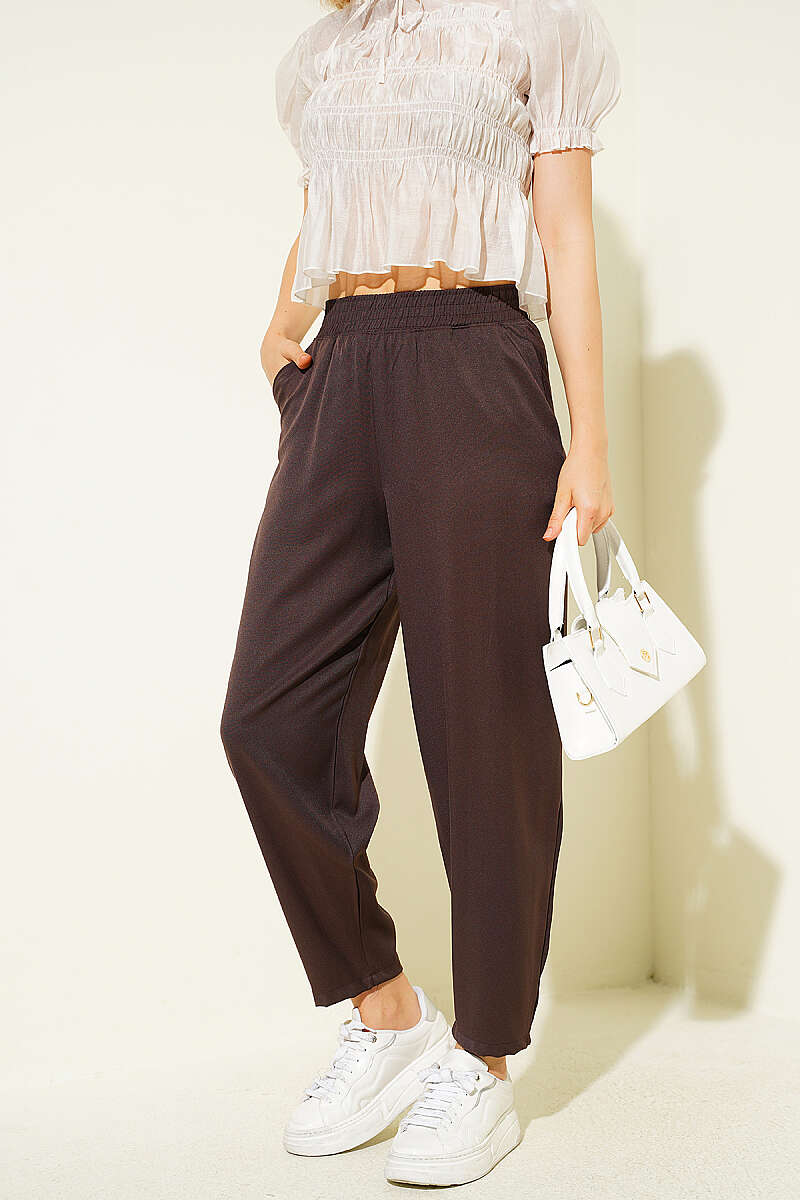 Modal Harem Trousers with Elastic Waist - Brown