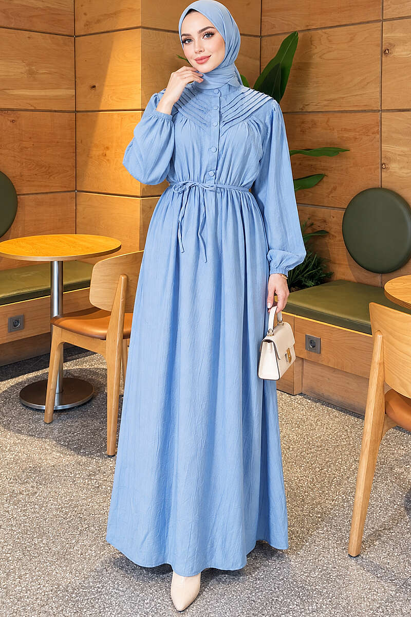 Ribbed Dress with Elastic Waist - Light Blue