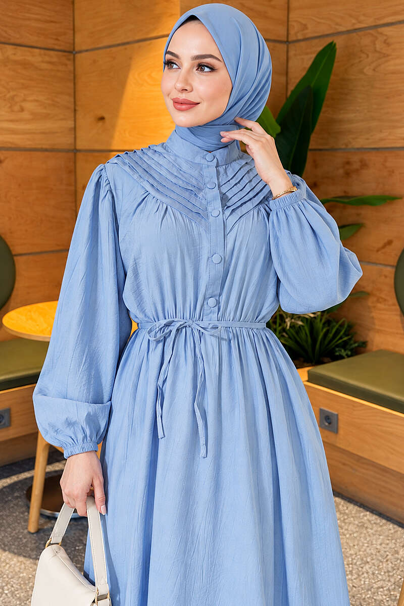 Ribbed Dress with Elastic Waist - Light Blue