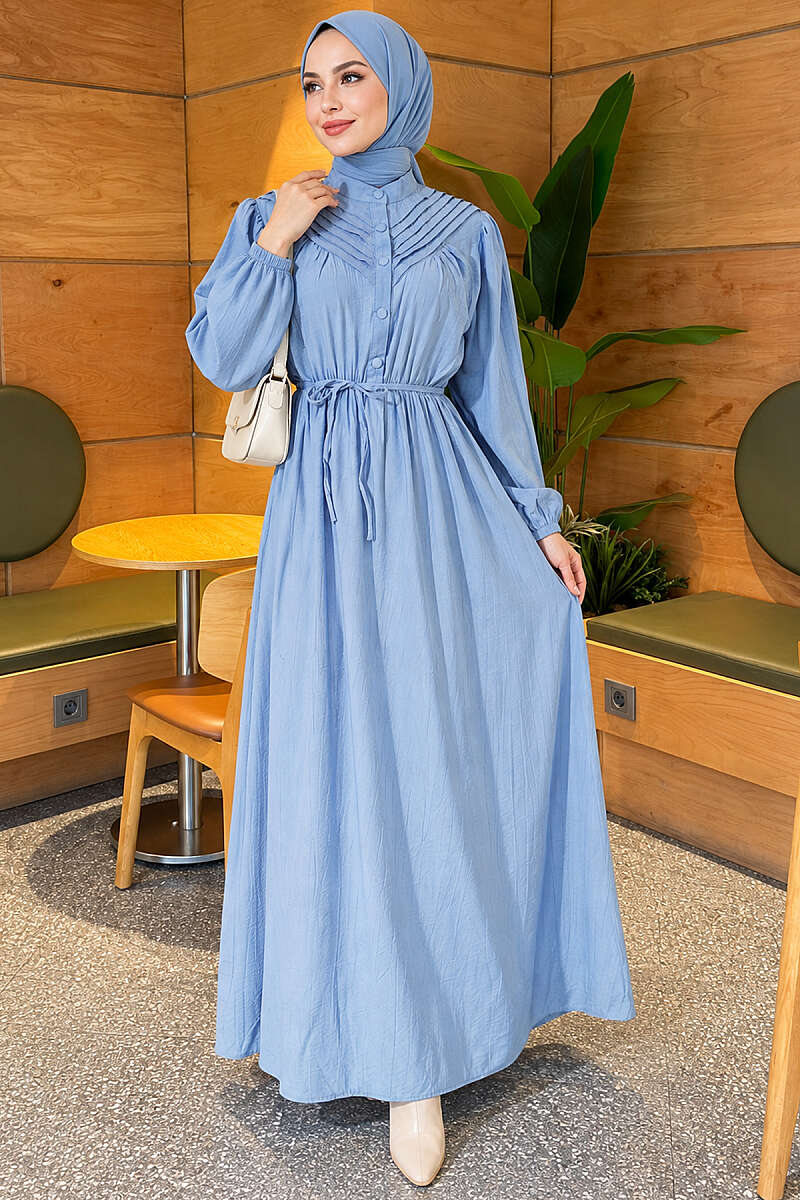 Ribbed Dress with Elastic Waist - Light Blue