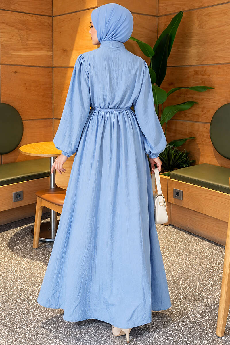 Ribbed Dress with Elastic Waist - Light Blue