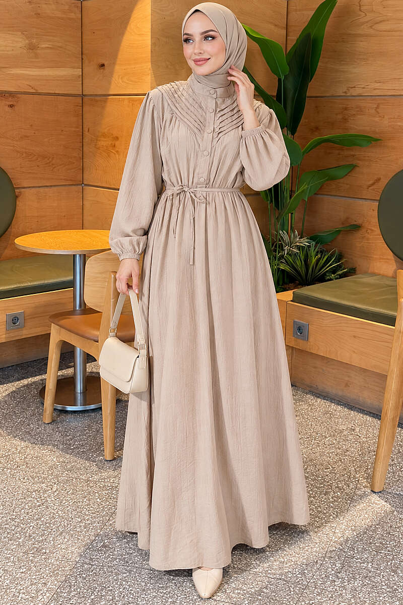 Ribbed Dress with Elastic Waist - Beige