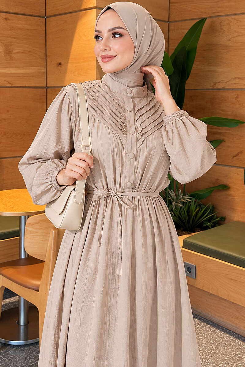 Ribbed Dress with Elastic Waist - Beige