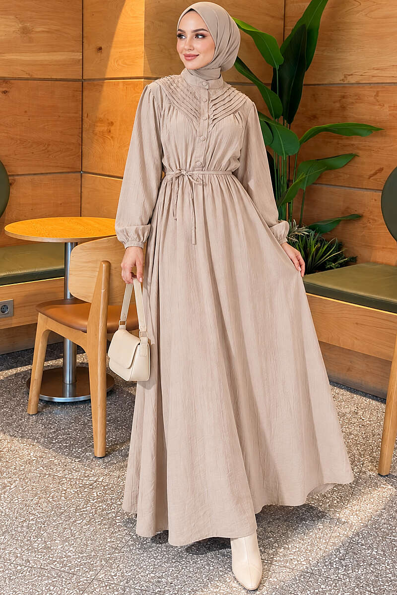 Ribbed Dress with Elastic Waist - Beige