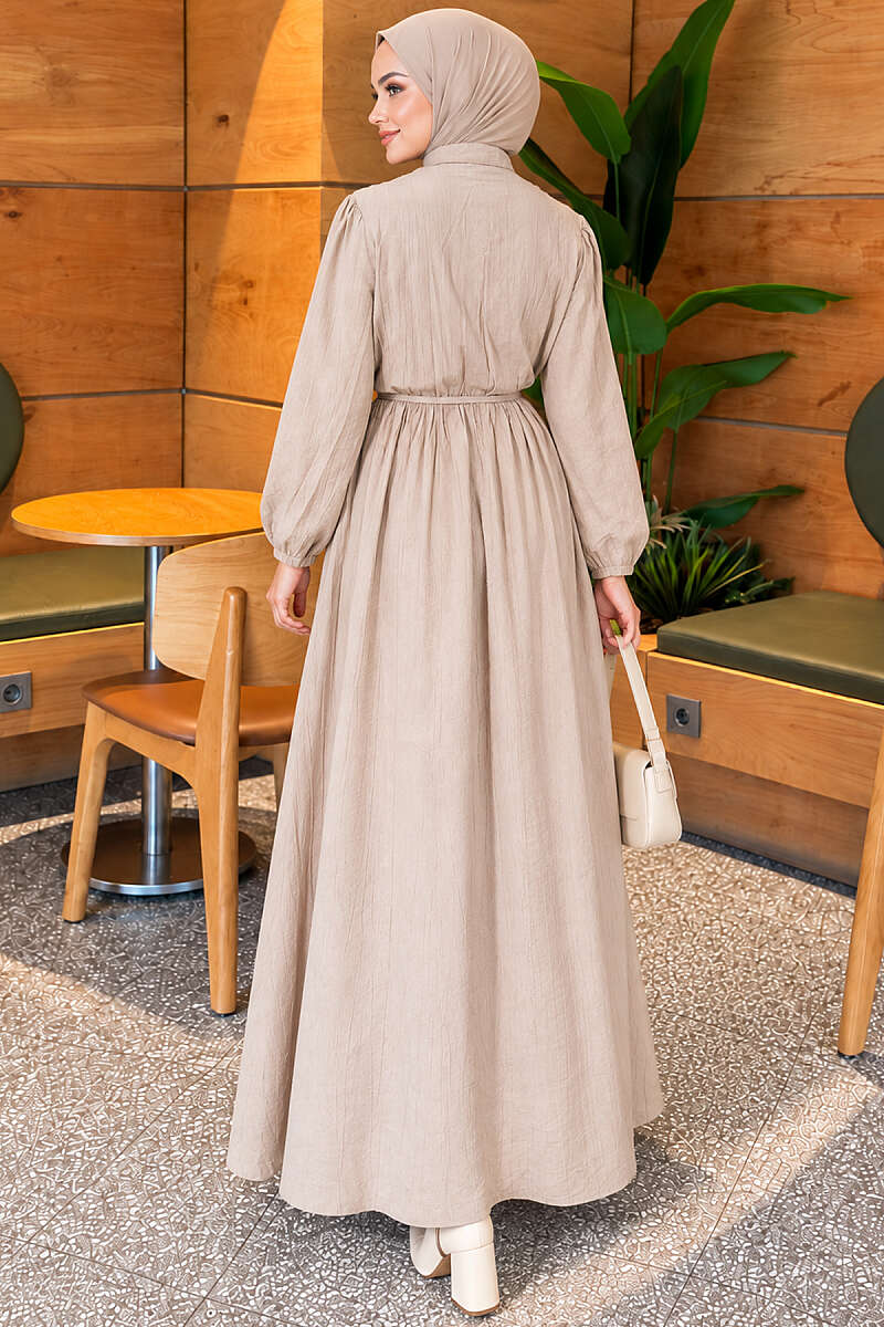 Ribbed Dress with Elastic Waist - Beige