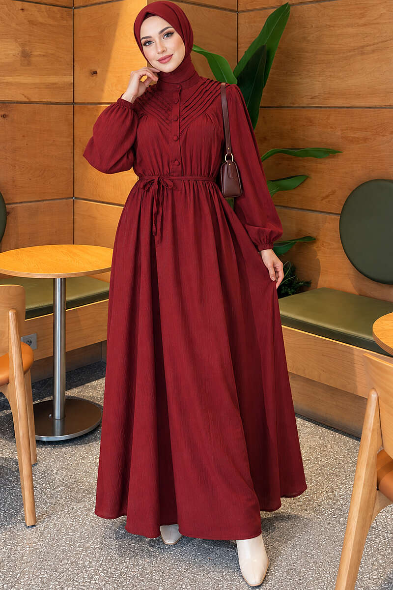 Ribbed Dress with Elastic Waist - Burgundy