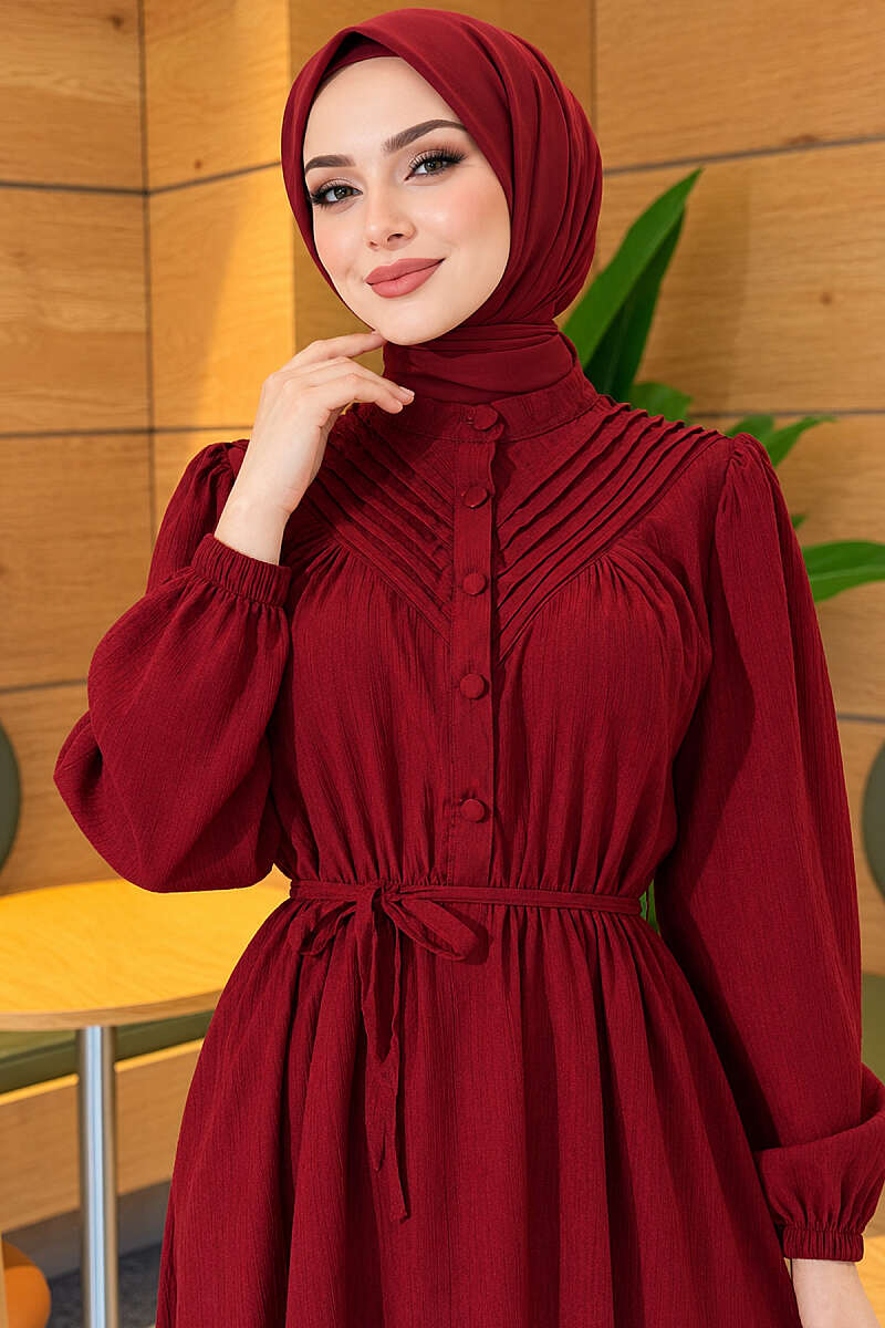 Ribbed Dress with Elastic Waist - Burgundy