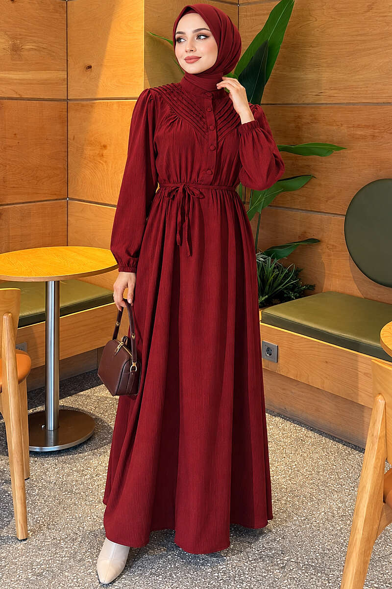 Ribbed Dress with Elastic Waist - Burgundy