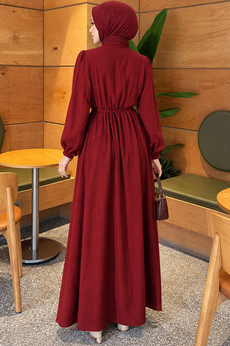 Ribbed Dress with Elastic Waist - Burgundy