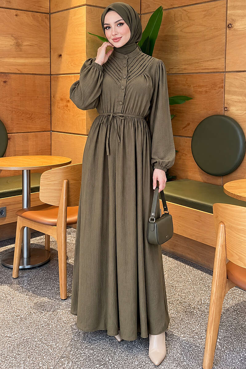 Ribbed Dress with Elastic Waist - Khaki